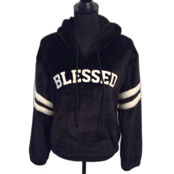 Velour Feel Teddy Pull Over Black Blessed Size Medium Hoodie - Picture 1 of 4